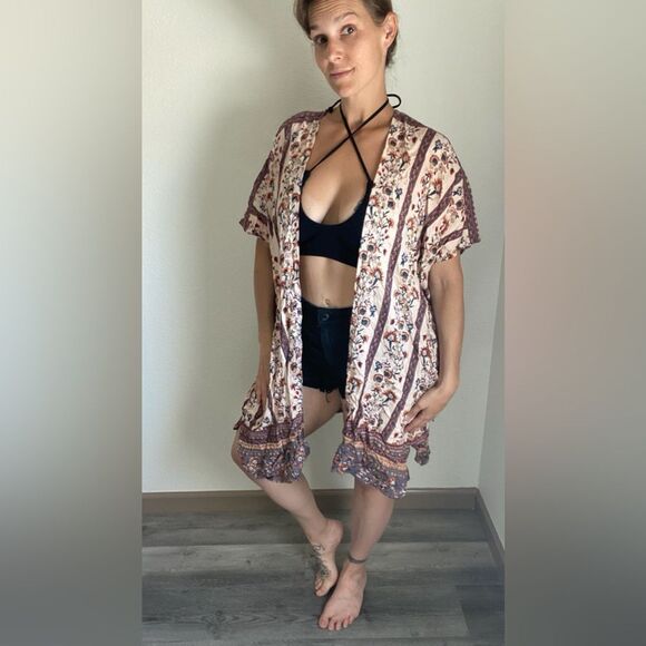 Angie Kimono Duster NEW Floral Boho Rayon Swim Coverup Vacation - Picture 1 of 9